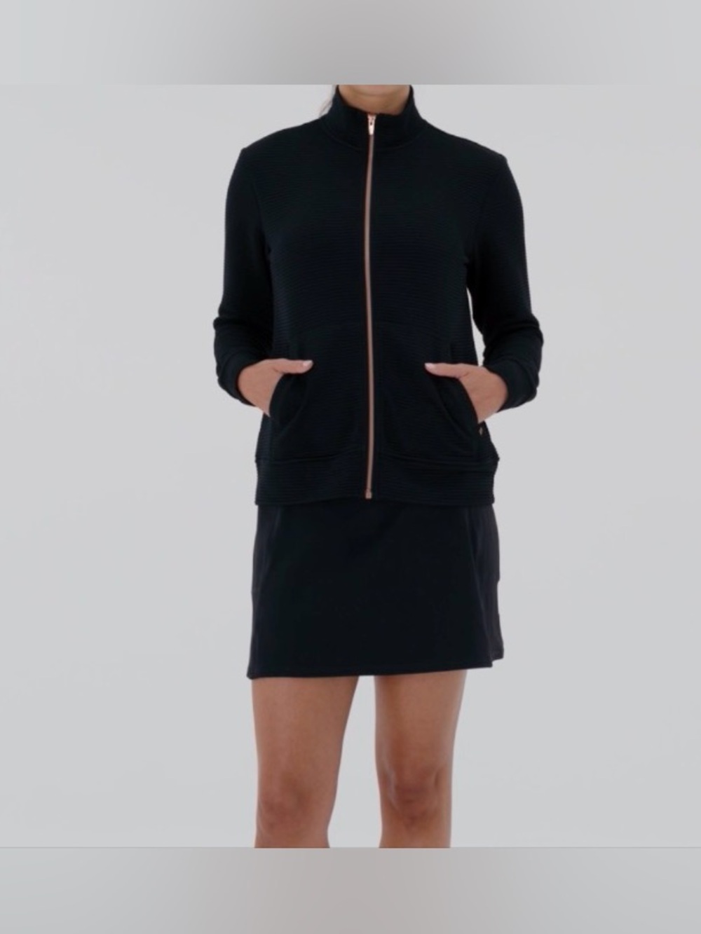 Sketchers- Black Zip-Up Mini Jacket with Contrast Rose Gold Zipper